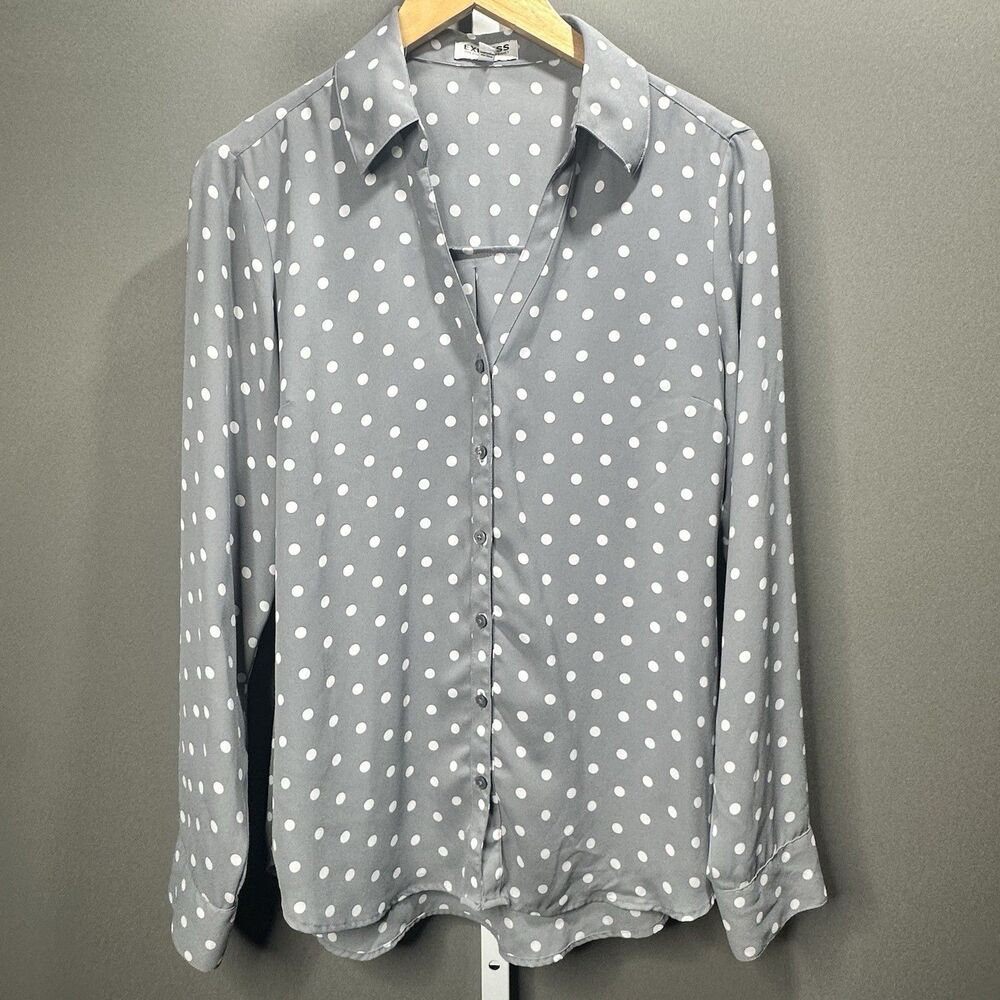 Express The Portofino Shirt M Gray Polka Dot Slim Fit Button Up Career Casual